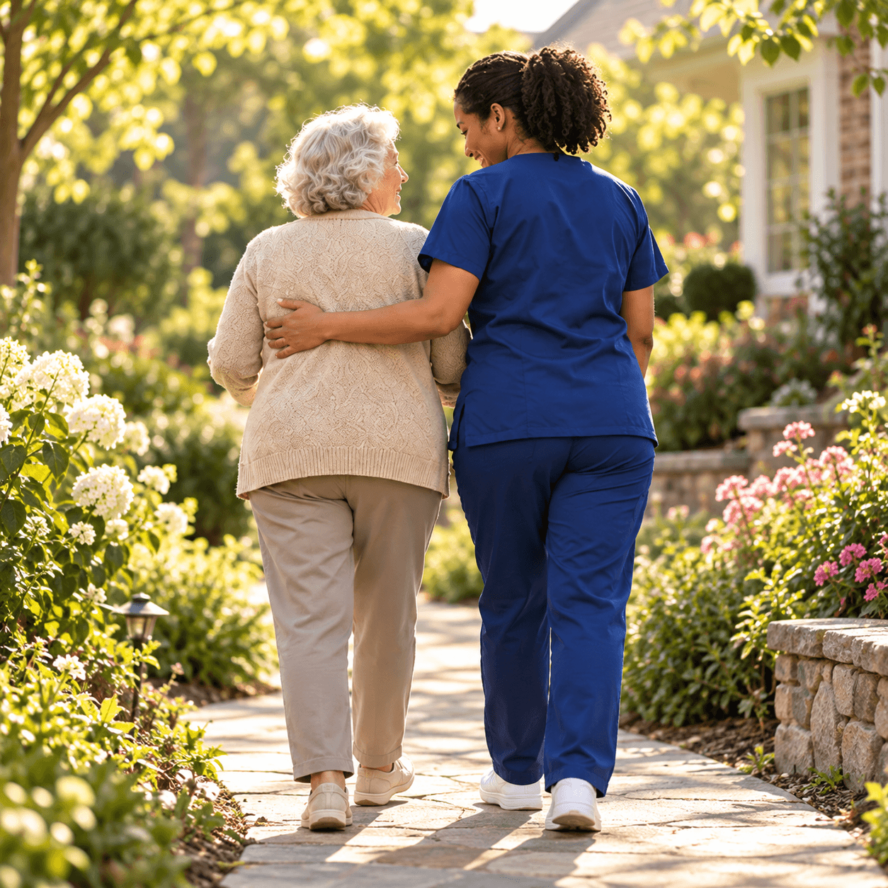 Caregiver walking beside an older adult